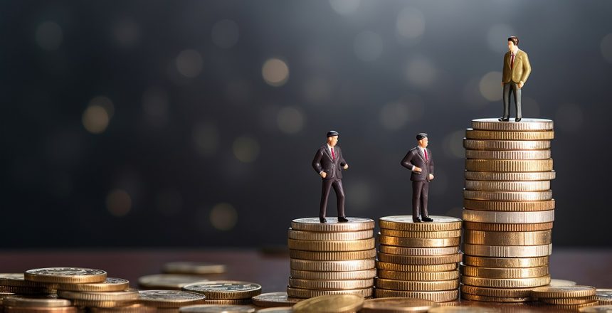 two business men standing in front of stacked coins, in the style of miniature dioramas, metallic textures, thai art, light indigo and dark gray, telephoto lens, photo taken with provia, minimalistic japanese