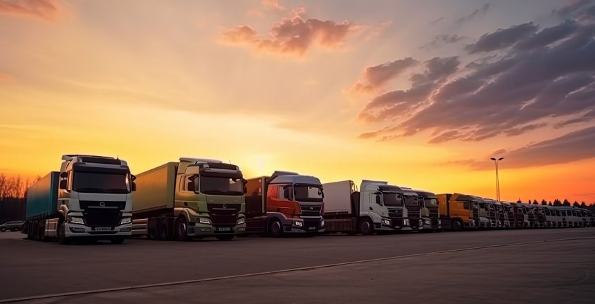 many transport trucks parked at a service station at sunset.