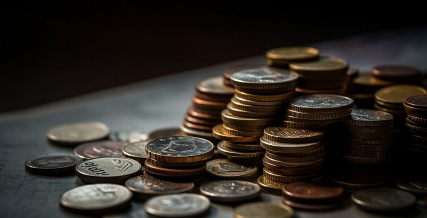 Stacks of metallic coins symbolize financial success generated by artificial intelligence